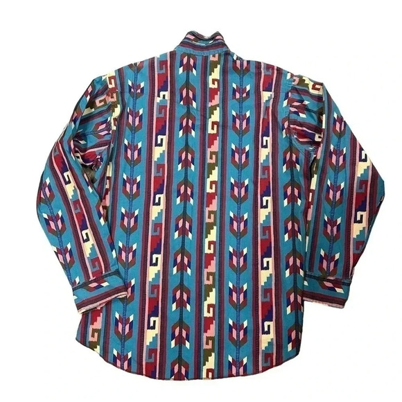 Wrangler Vintage 90’s Brush Popper Button Up Long Sleeve Pink Turquoise Blue EUC - Picture 2 of 6